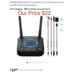 1Mii B06TX Bluetooth 5.2 Transmitter for TV with Volume Control, Aux/RCA/Optical
